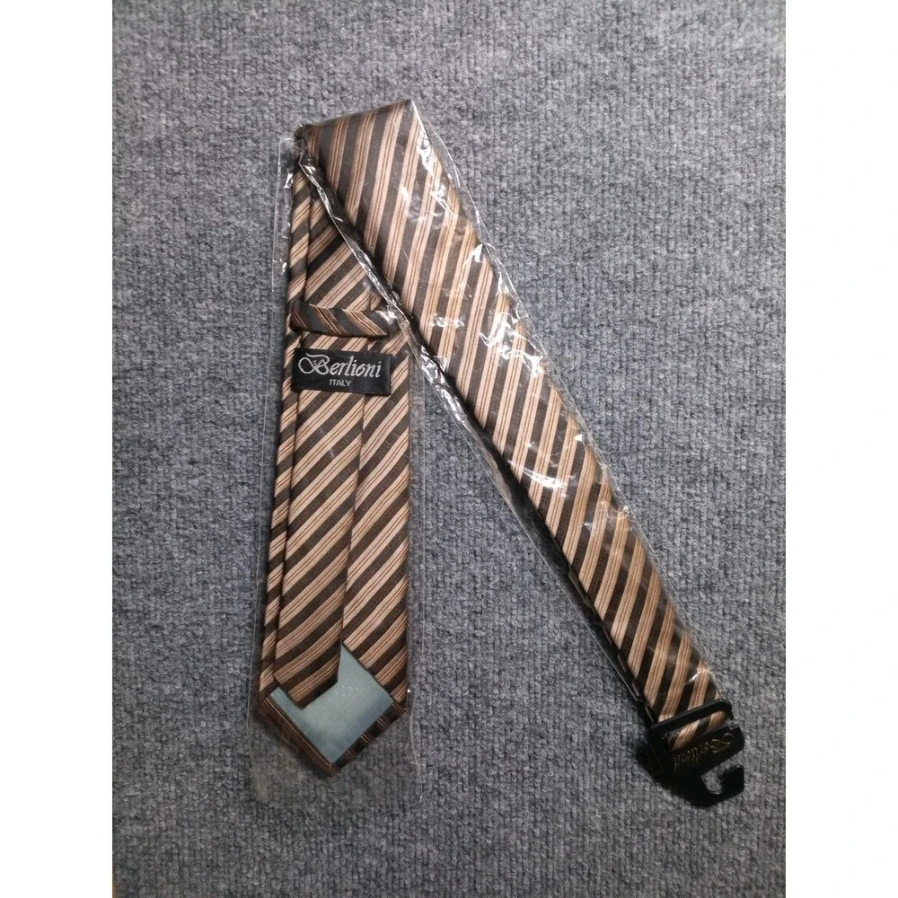 Berltoni Italy Brown Tan Diagonal Striped Silk Neck Tie Classic Men's NWT